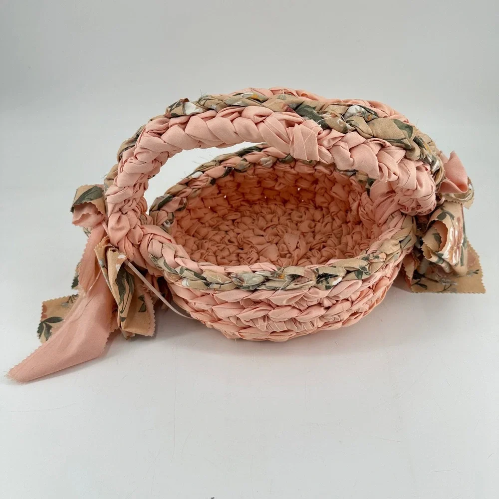 Handmade Peach Floral Woven Fabric Basket with Bows and Pearls Cottagecore Decor